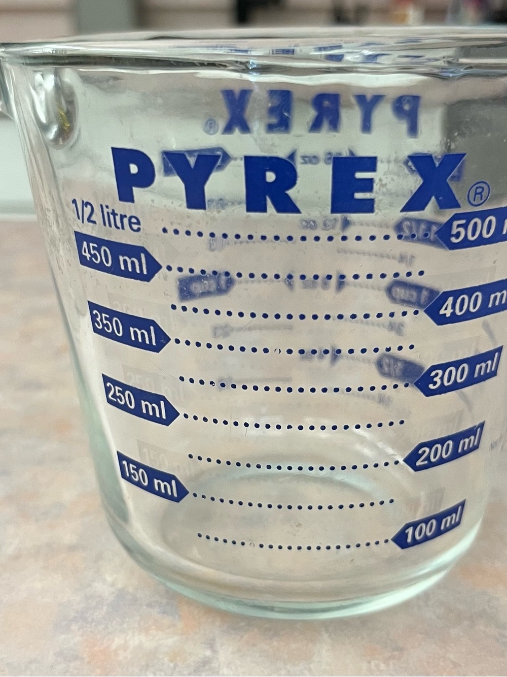 Pyrex Clear Glass Measuring Cup with Blue Markings